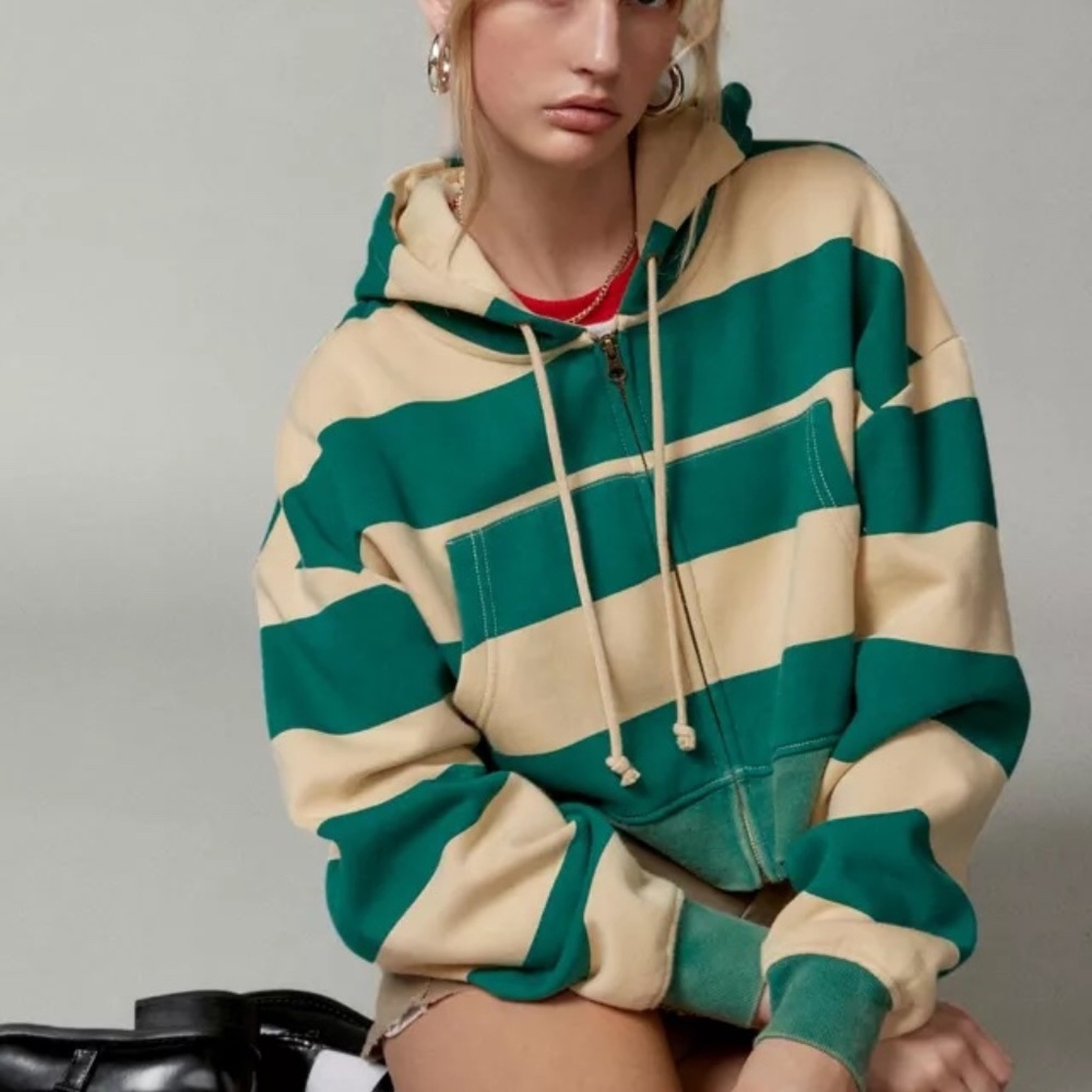 BDG Leah Stripe Zip-Up Hoodie Sweatshirt in S